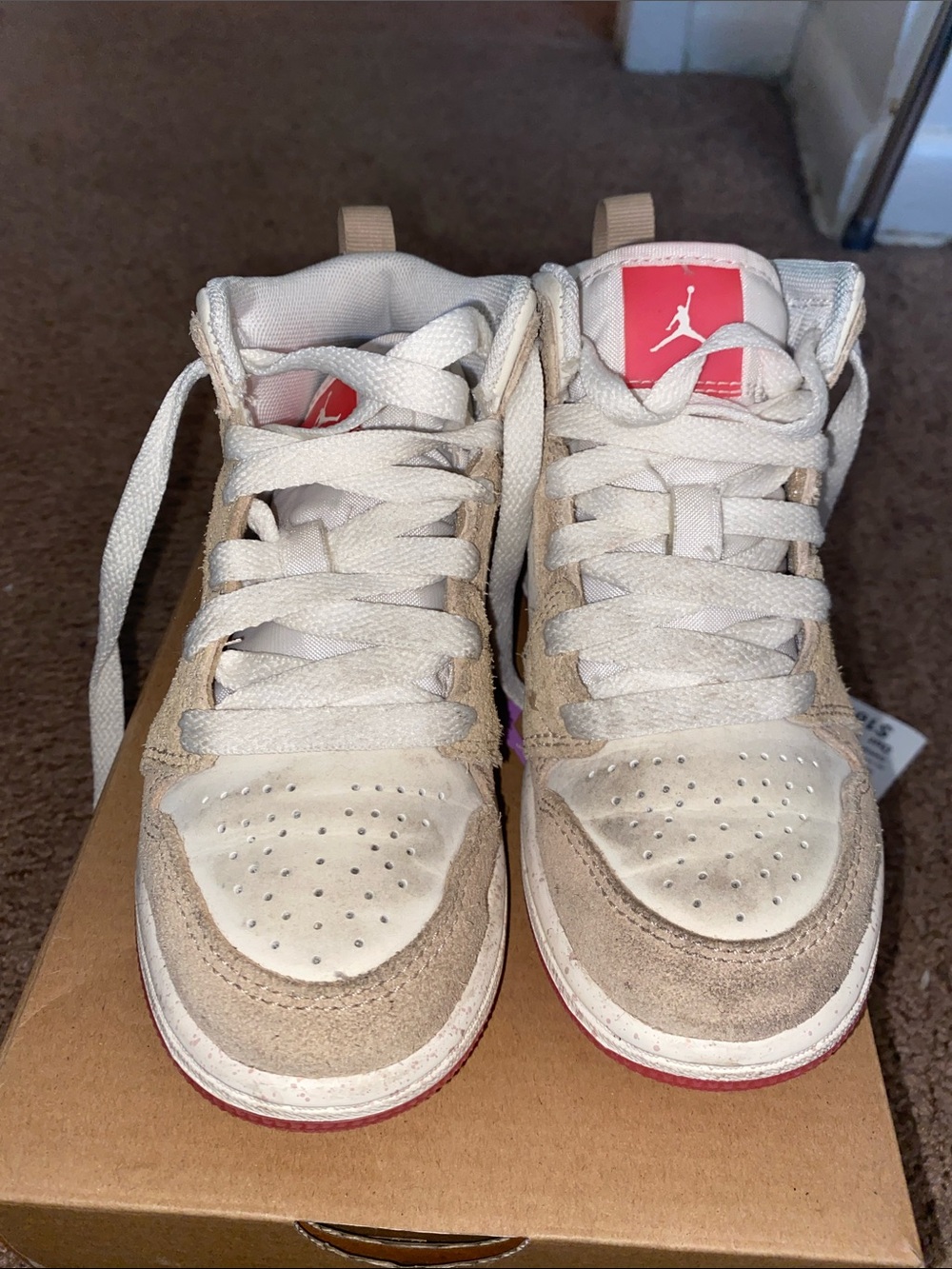 Jordan Kids Beige and White Mid-Top Sneakers with Pink Logo